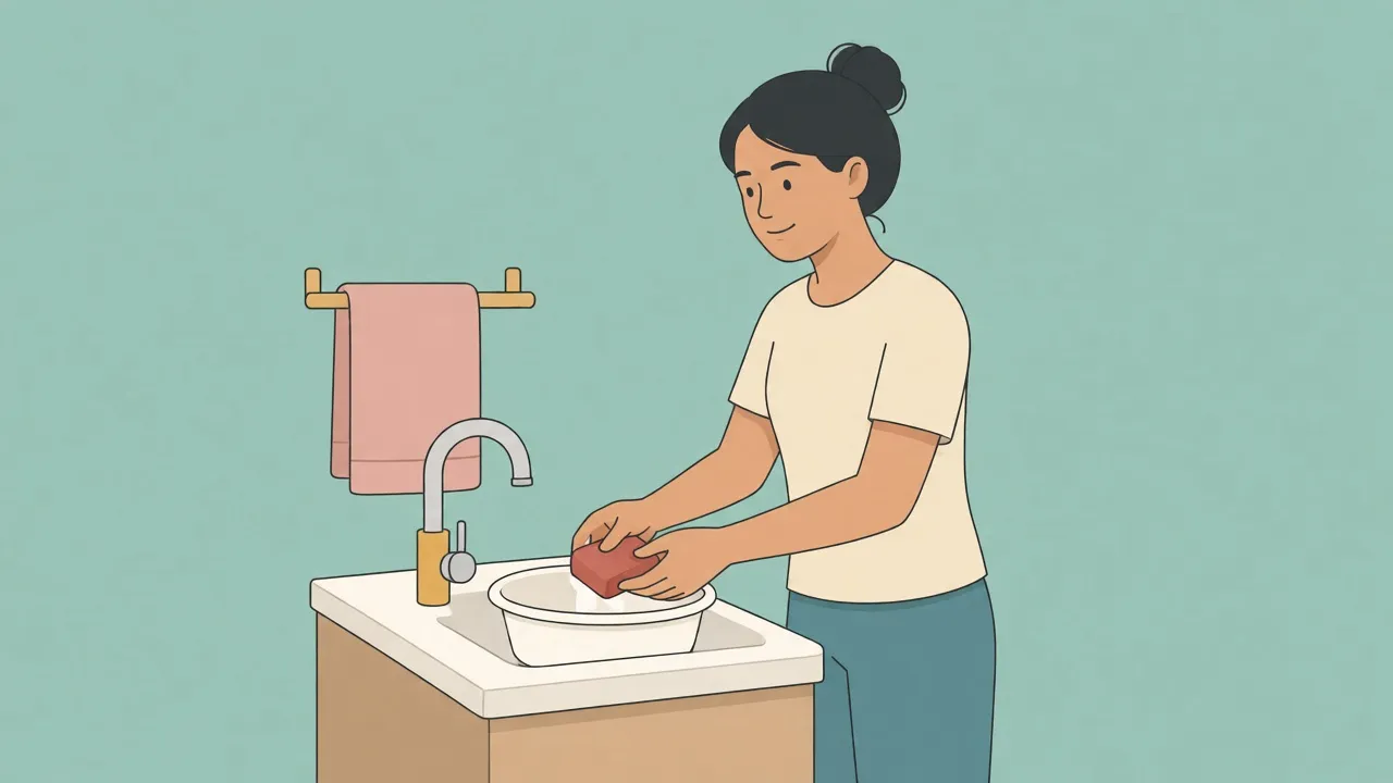 An adult washes a white plastic sitz basin at a bathroom sink, fully clothed, with a bar of soap and a towel beside the faucet