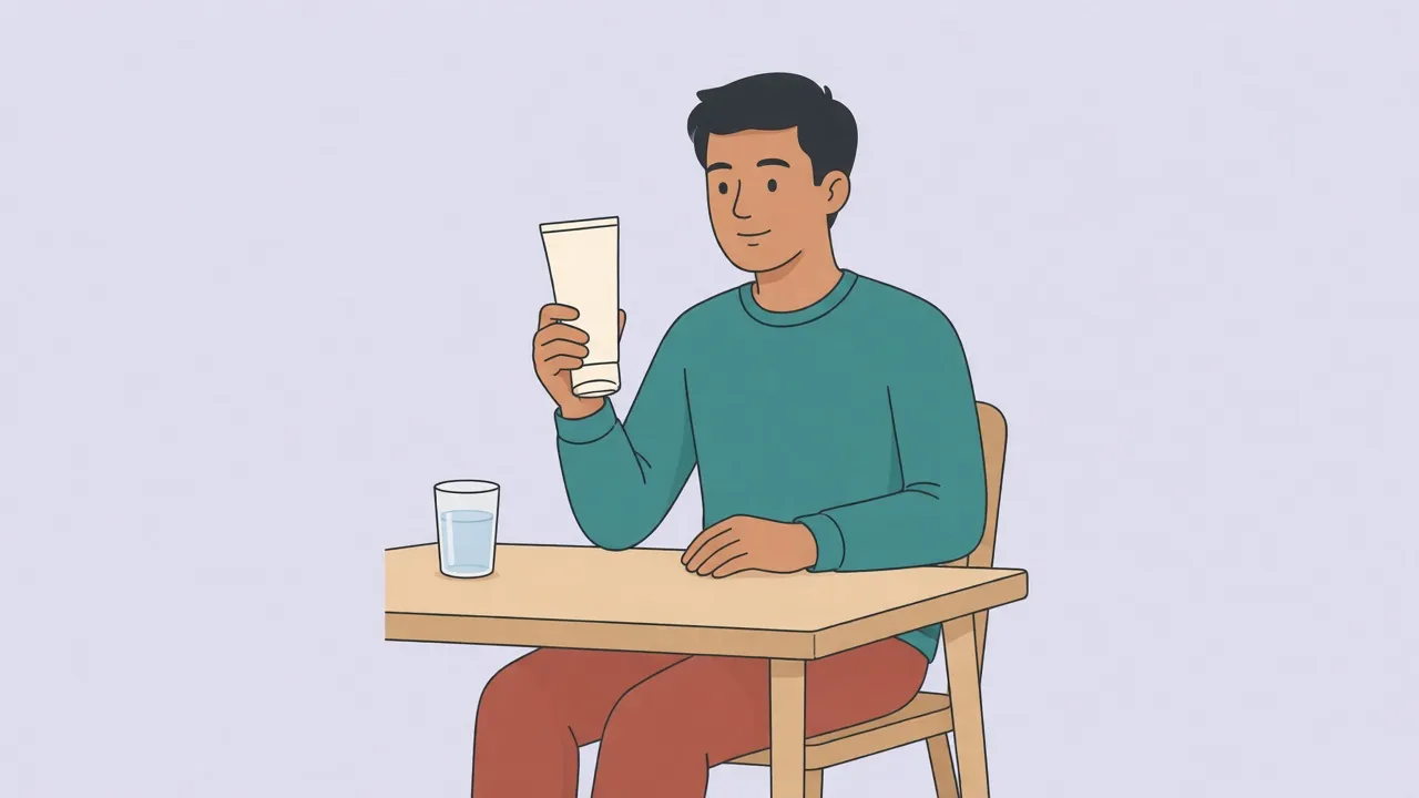 An adult at a kitchen table, fully clothed, holding an unlabeled cream tube beside a glass of water