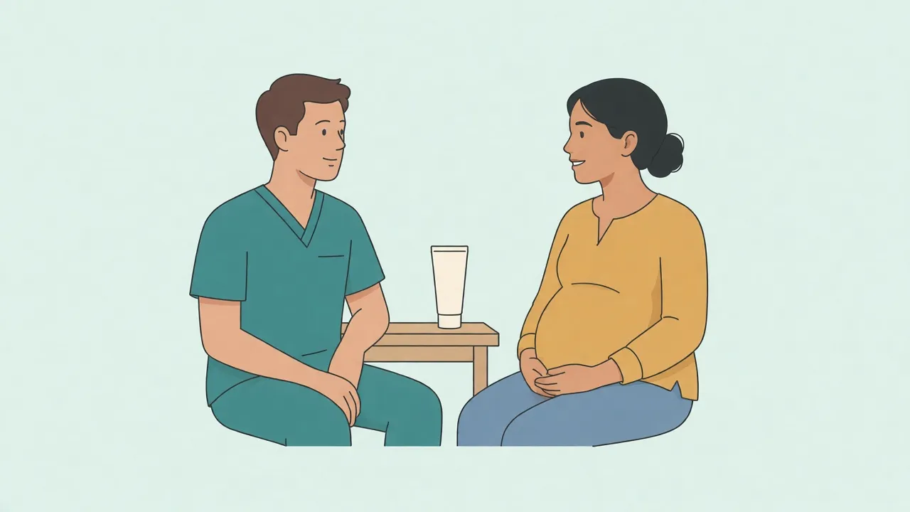 A clinician talking with a pregnant patient in a consultation room, both seated and fully clothed, with an unlabeled cream tube on the desk