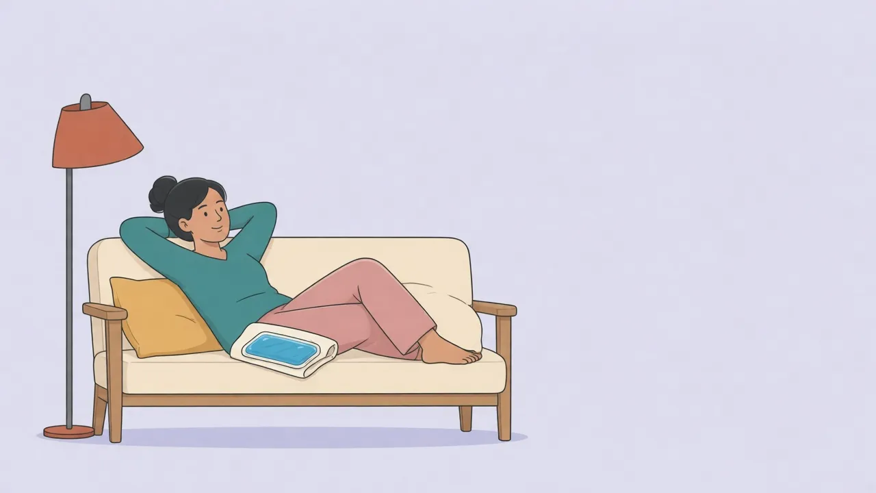 An adult reclining on a sofa, fully clothed, with a gel cold pack wrapped in a pale towel resting on the cushion beside the hip