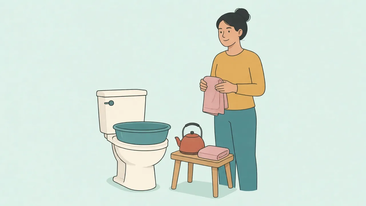 An adult standing beside a toilet, fully clothed, with a sitz bath basin on the seat, a kettle, and a folded towel on a small wooden stool