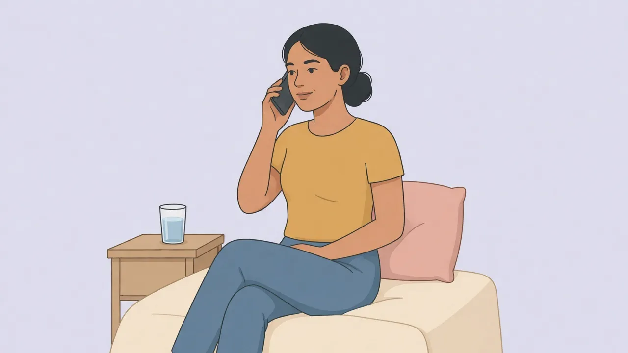 A woman in a mustard shirt and blue trousers sits on a sofa, holding a phone to her ear, with a glass of water on a side table.