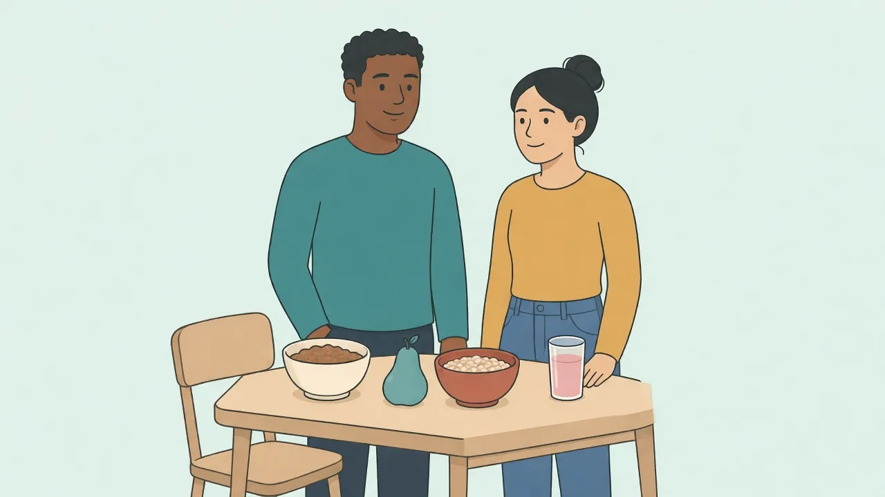 Two adults stand at a wooden table with a bowl of cereal, a pear, a bowl of beans, a glass, and an empty chair.