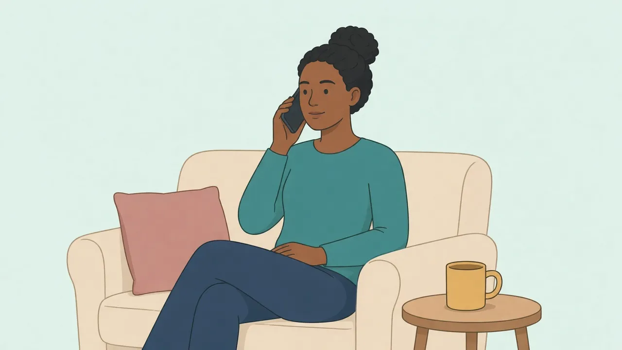 A woman in a teal top sits on a sofa with a phone held to her ear and a mug on a side table, looking calm