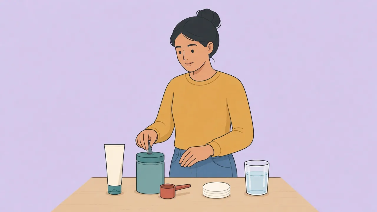 An adult in a mustard sweater stands at a bathroom counter beside an unlabeled cream tube, a plain fiber canister, a stack of white pads, and a glass of water
