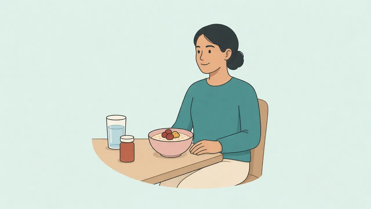 An adult sits at a kitchen table with a bowl of oatmeal and berries, a tall glass of water, and a small unlabeled pill bottle