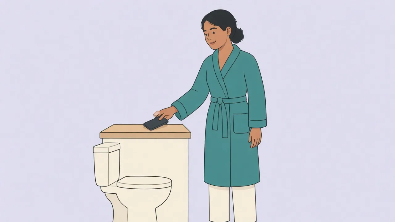 A person in a long robe and pajama pants stands beside a toilet and sets a smartphone face down on the bathroom counter