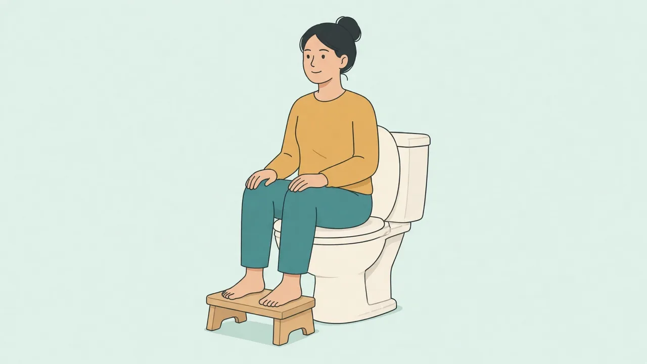 A woman in a sweatshirt and pants sits on a toilet with both feet on a small wooden footstool so her knees are above her hips