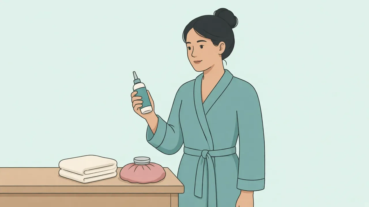 A woman in a teal robe stands in a bathroom holding a plastic rinse bottle, with a folded towel and a wrapped cold pack on the counter