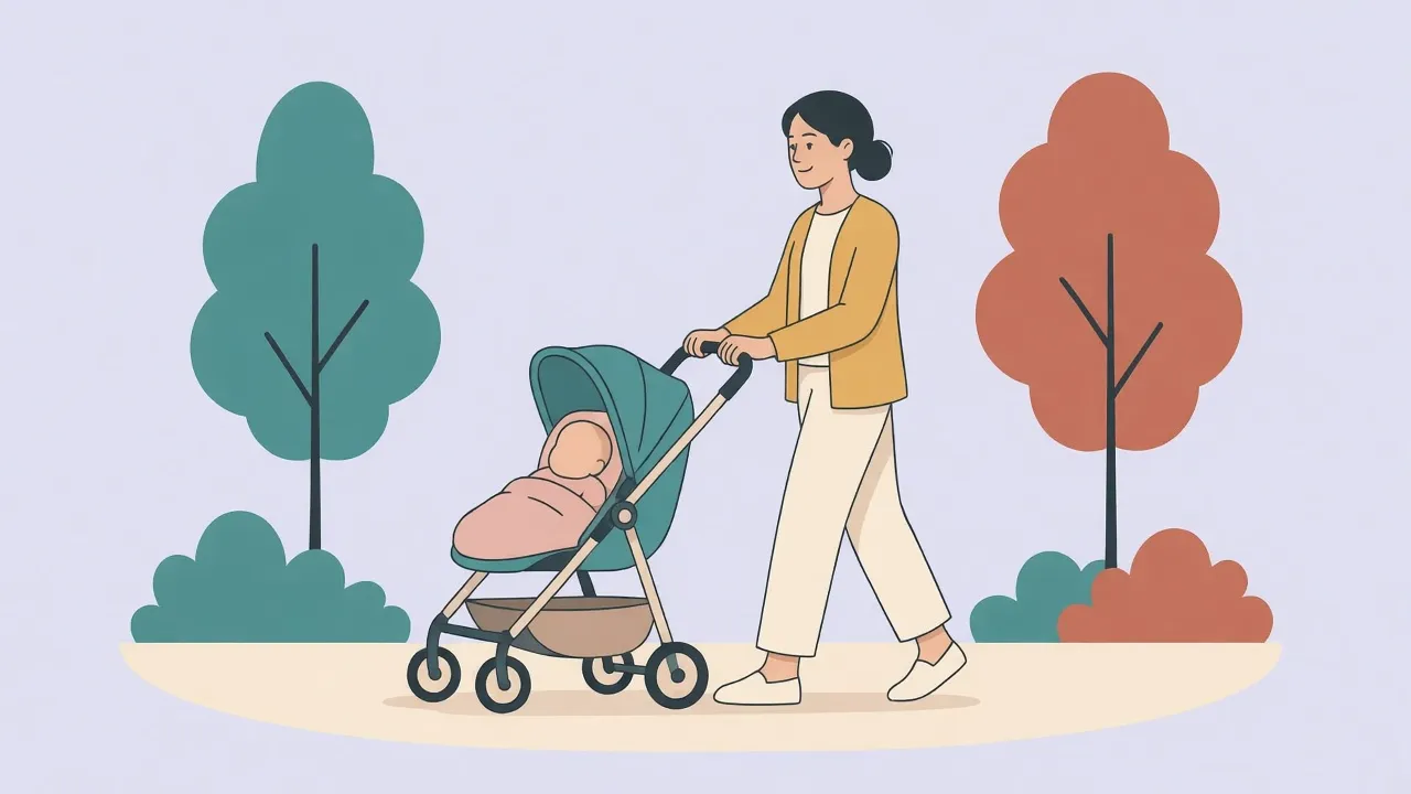 A woman in a mustard cardigan walks slowly on a park path pushing a stroller, a few weeks after birth