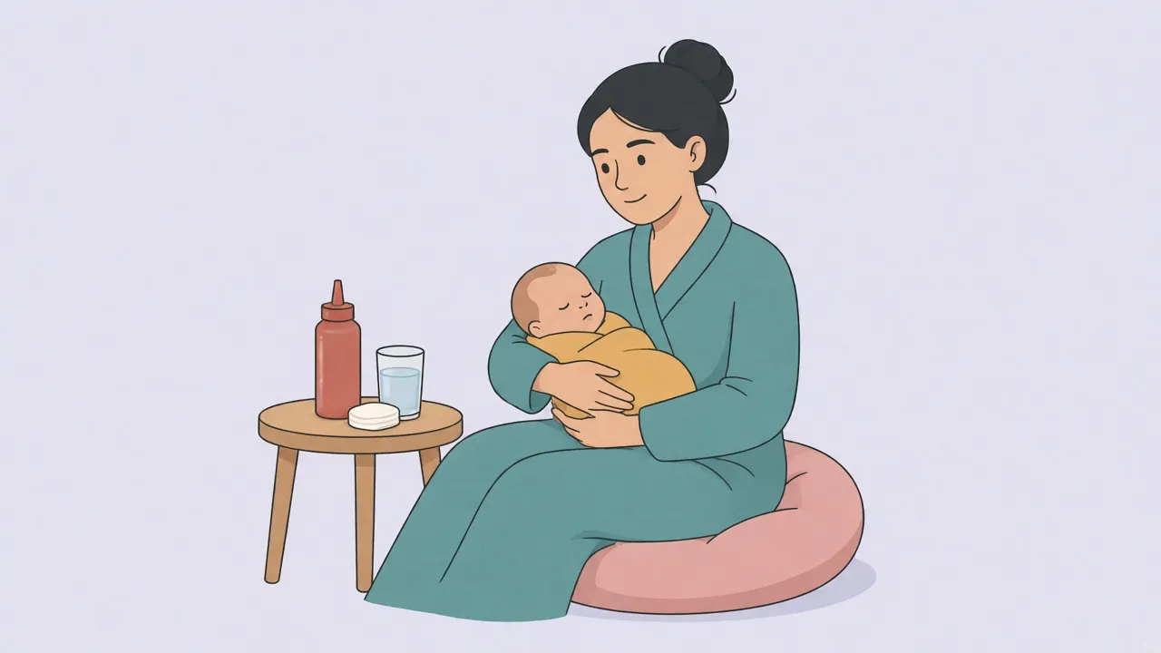 A new mother in a teal robe sits on a round donut cushion holding a sleeping newborn wrapped in a mustard blanket