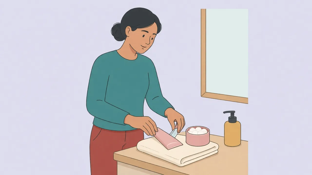 An adult standing at a bathroom counter comparing an unlabeled cream tube with a round tub of cotton pads, both resting on a folded towel