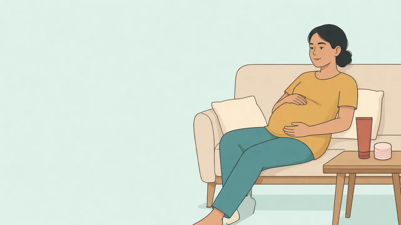 A pregnant woman sitting on a sofa, fully clothed, with an unlabeled cream tube and a stack of round pads on the side table
