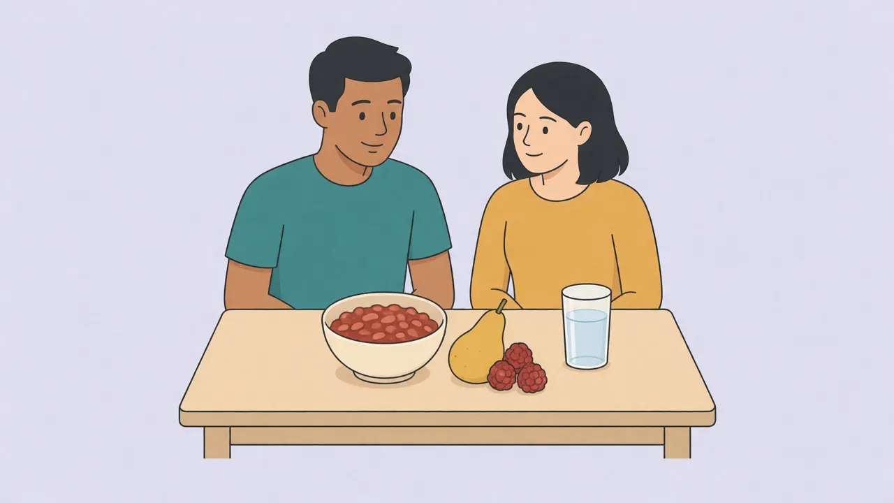 Two adults sit at a light wood table with a bowl of beans, a pear, raspberries, and a tall glass of water