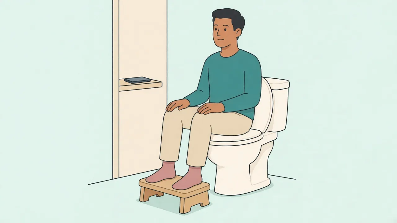 An adult in a shirt and trousers sits on a closed toilet lid with both feet on a small wooden footstool, and a phone left on a shelf by the door