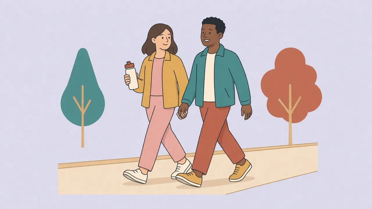 Two adults walk side by side on a flat park path in sneakers and jackets, one carrying a water bottle