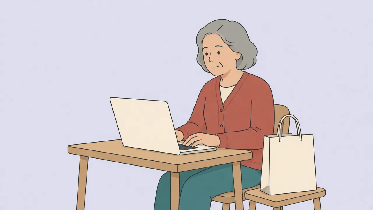 An older woman sits at a wooden desk using a laptop with a blank screen, and a plain cream shopping bag with no marks rests on a small wooden stool