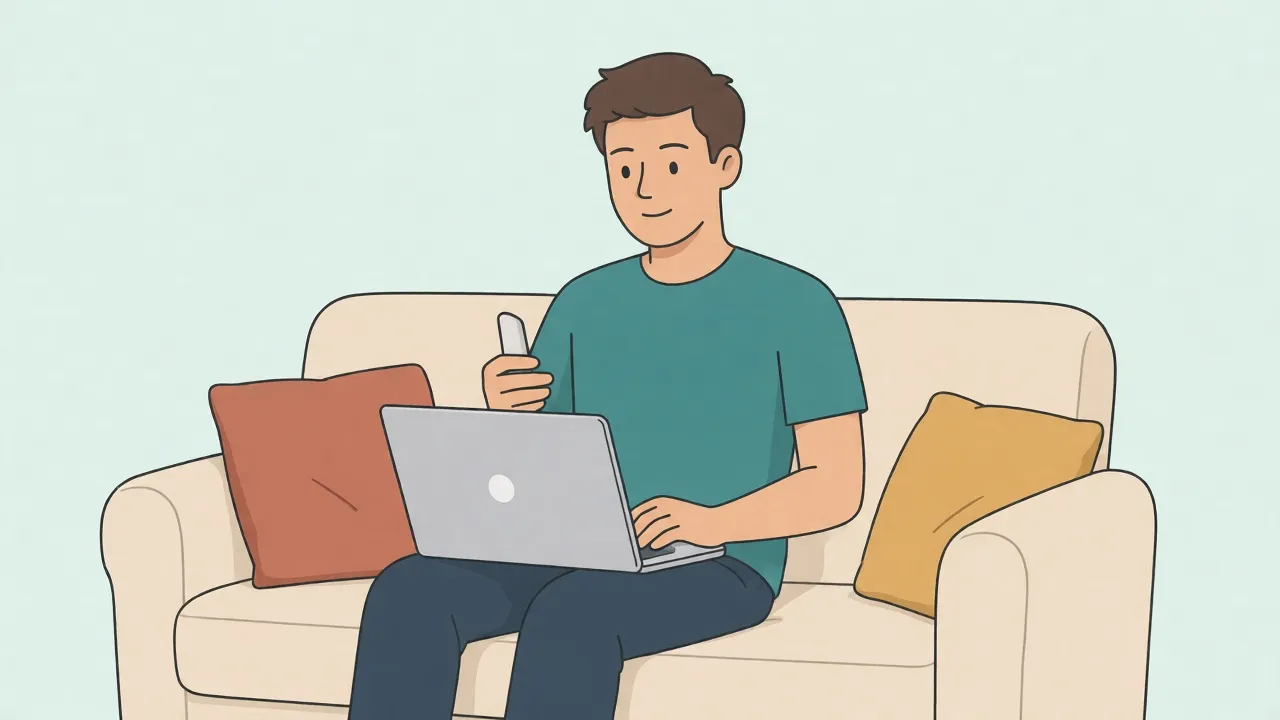 A man on a sofa holds a phone with a blank screen beside an open laptop