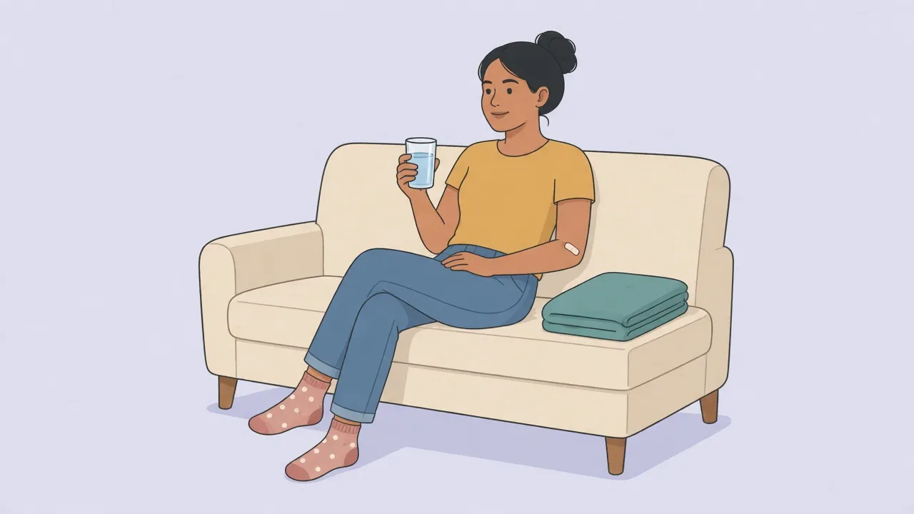 A clothed adult rests on a sofa at home with a glass of water after an outpatient visit, looking calm