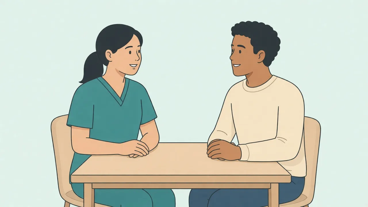 A doctor and an adult patient sit across a desk in a clinic, both fully clothed, talking through treatment choices