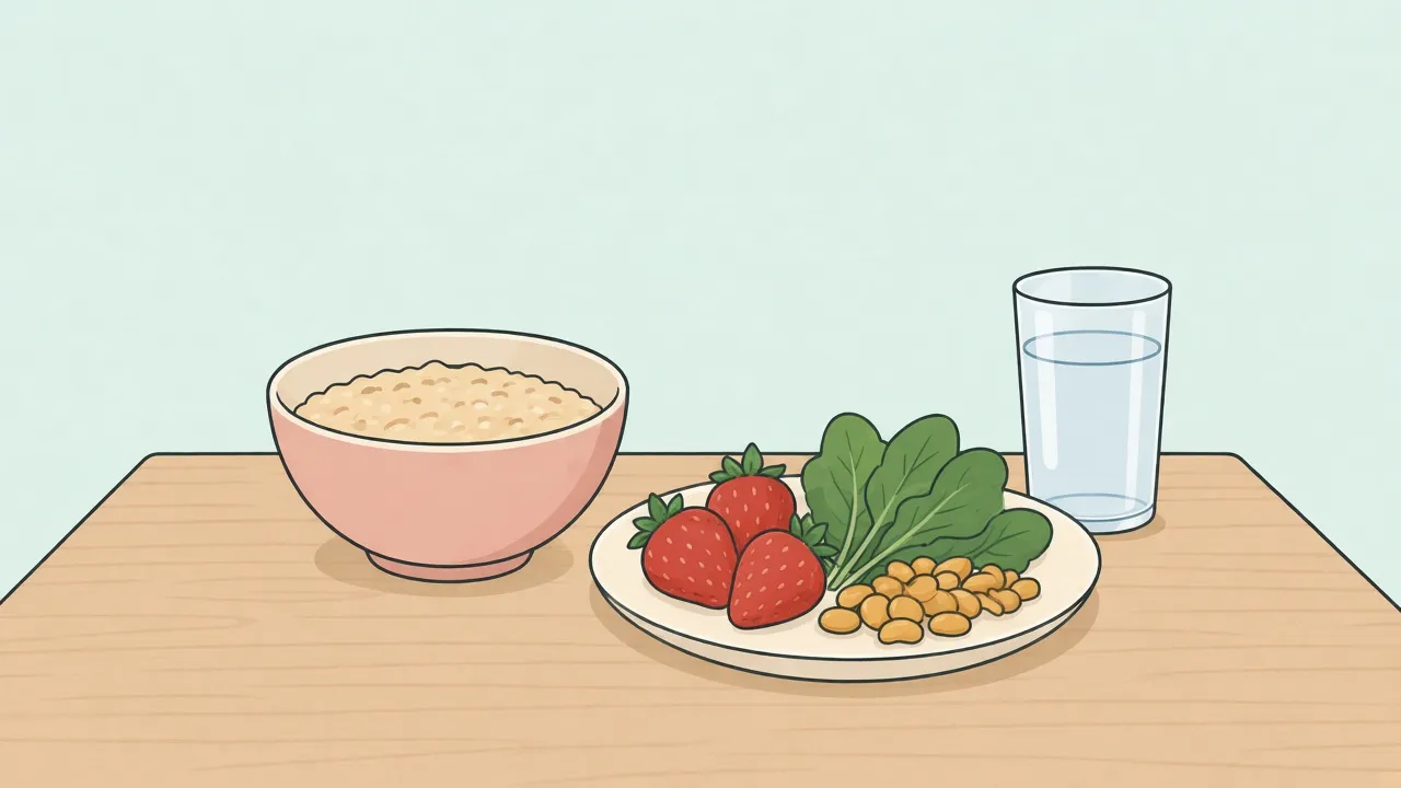 A plate of oats, beans, berries, and vegetables beside a tall glass of water on a plain table