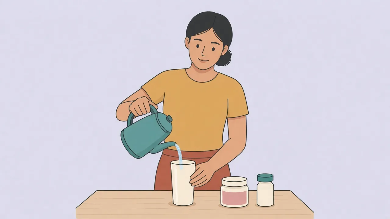 An adult at a kitchen counter pours water into a glass beside an unlabeled powder jar and a small unlabeled pill bottle