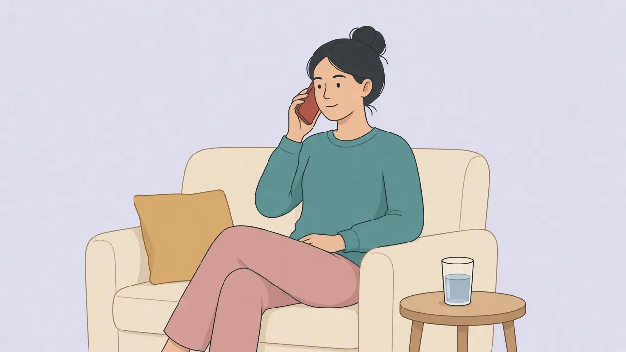 A woman in a teal sweater sits on a sofa with a phone to her ear, a glass of water on the table beside her.