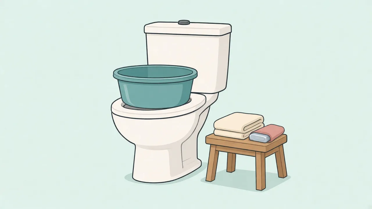 A sitz bath basin sits on a toilet beside a folded towel and a cloth-wrapped cold pack on a small stool.