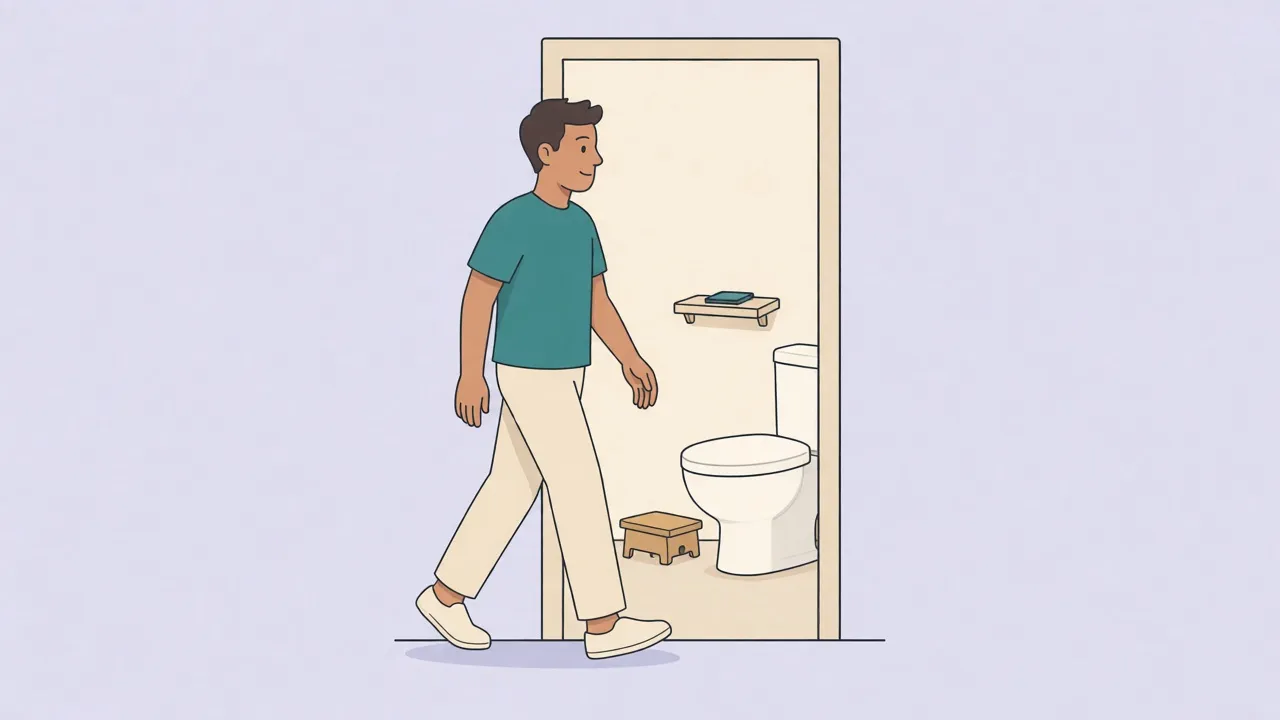 An adult in a teal shirt walks out of a bathroom doorway, fully clothed, while a smartphone sits on a shelf inside and a small footstool waits by the toilet