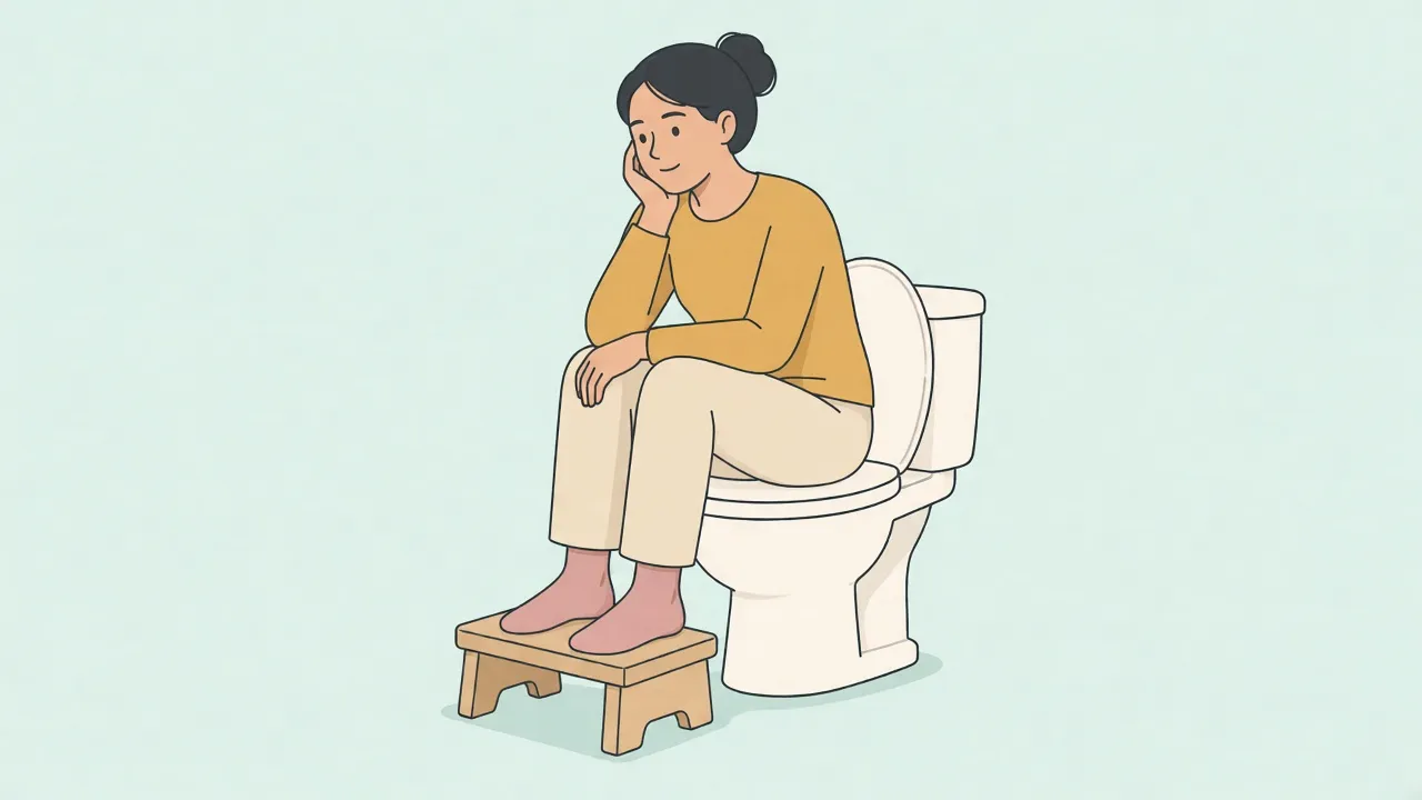 An adult fully clothed in a shirt and trousers sits on a closed toilet lid, feet on a small wooden stool, leaning forward with elbows on the knees