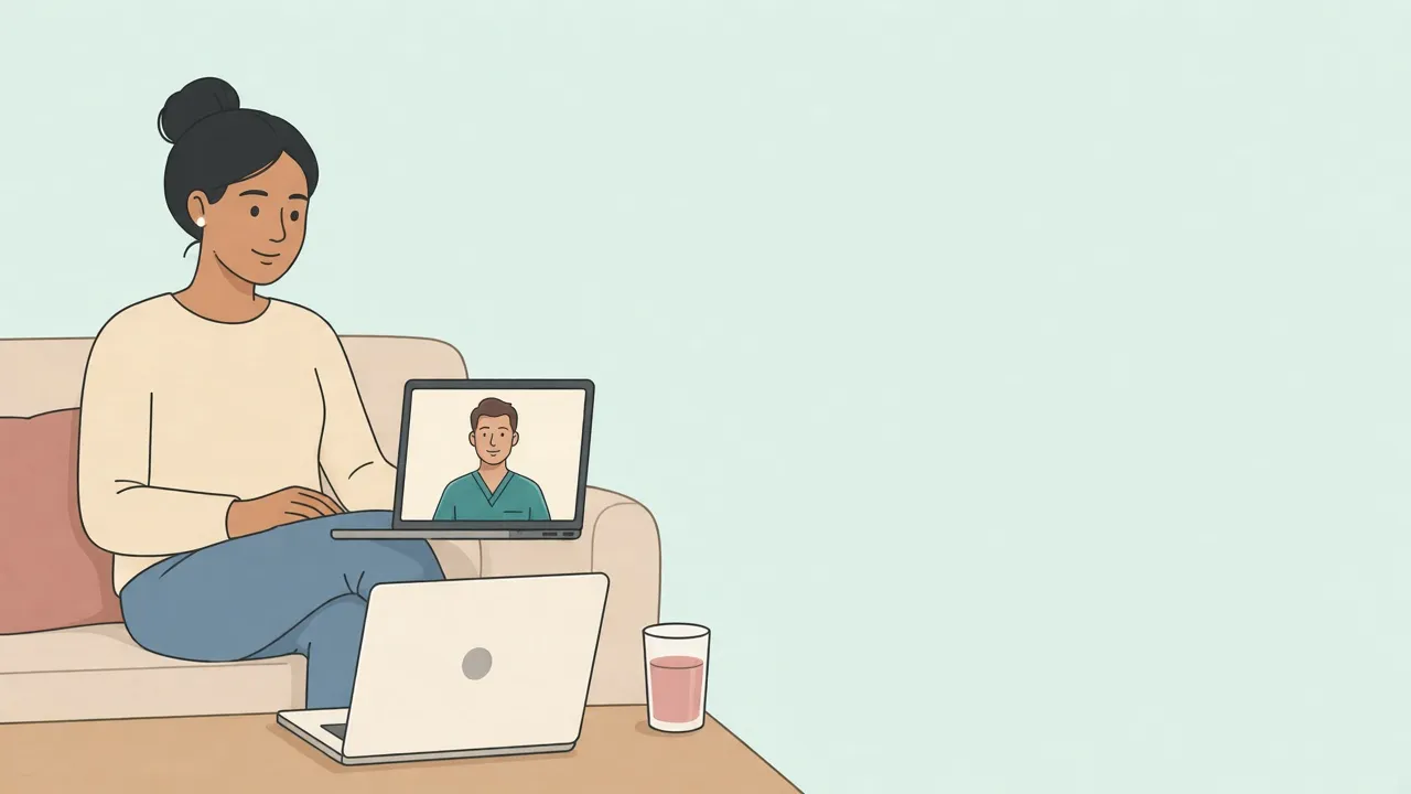 An adult sits on a sofa with a laptop open for a video visit, fully clothed, a glass of water on the side table