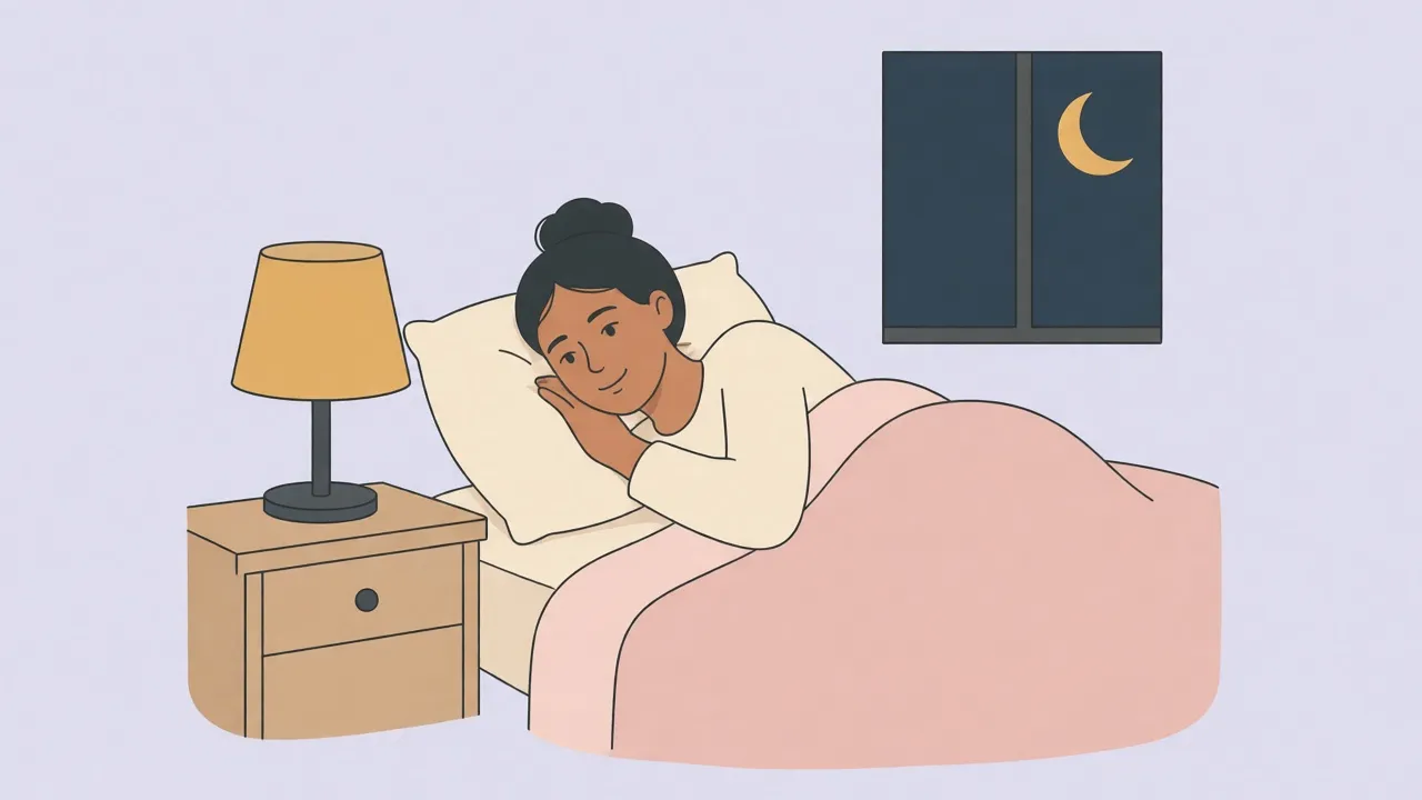 A person in cotton pajamas lies on their side under a light blanket, awake, with a lamp on and a dark window behind the bed