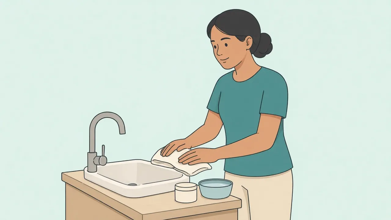 A person in a shirt stands at a bathroom sink beside a folded cotton towel and a plain jar of ointment with no label