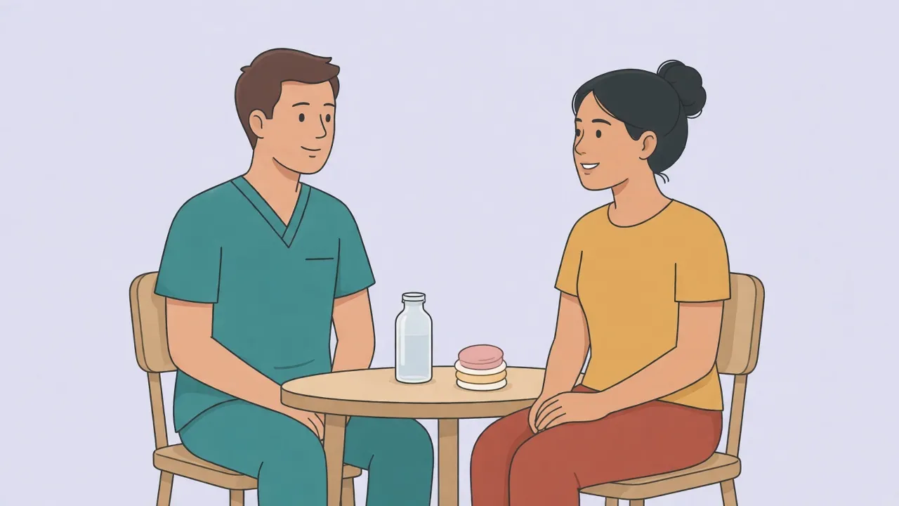A doctor and an adult patient sit across a small table in a consultation room, with an unlabeled clear bottle and a stack of round cotton pads between them.