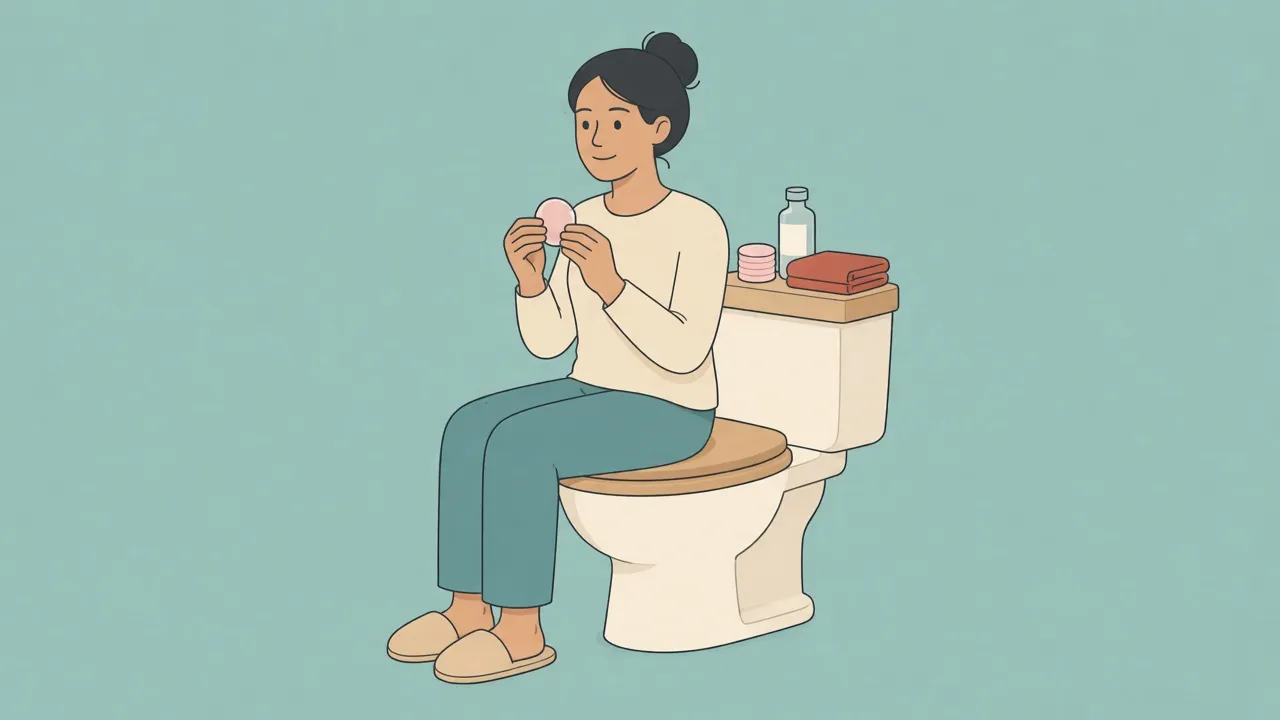 An adult in a long-sleeve shirt and pants sits on a closed toilet lid, holding one round cotton pad, with more pads, an unlabeled bottle, and a folded towel on the tank.